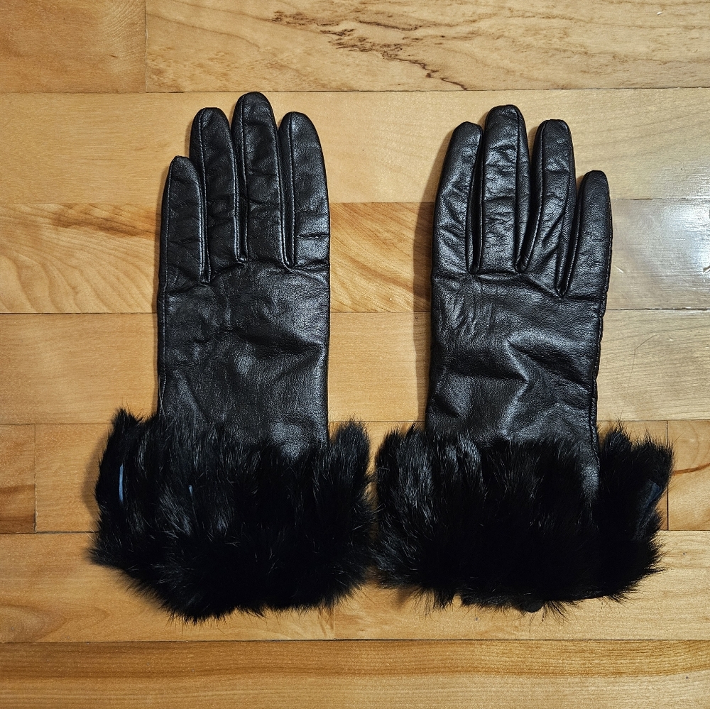 Black Goat Leather Gloves With Genuine Rabbit Fur Trim